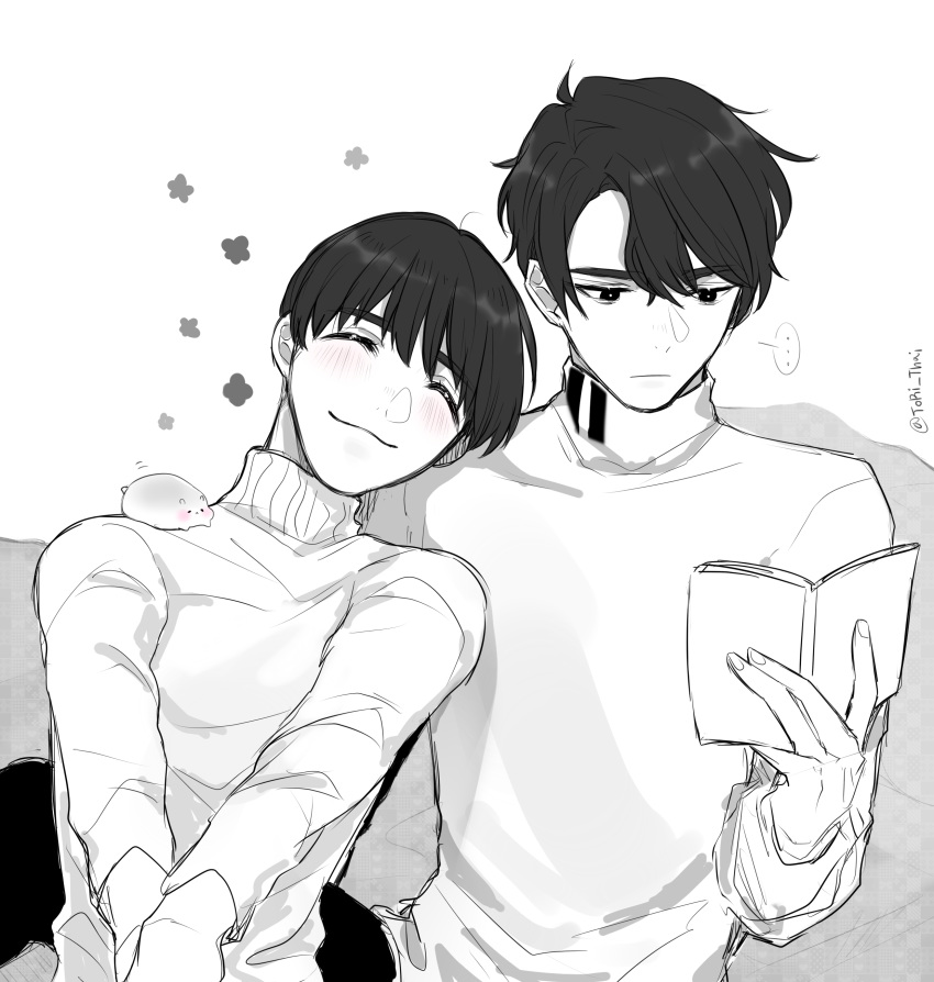 ... 2boys ^_^ absurdres animal animal_on_shoulder blush book closed_eyes commentary_request flower_(symbol) greyscale hamster hamster_on_shoulder head_on_another's_shoulder highres lee_seung-gil male_focus monochrome multiple_boys phichit_chulanont reading smile spoken_ellipsis spot_color sweater torisan_(rinlen1827) turtleneck turtleneck_sweater twitter_username yaoi yuri!!!_on_ice