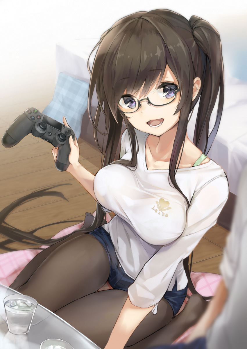 :d bed black-framed_eyewear black_hair black_legwear blue_eyes blurry bra_strap breasts collarbone commentary_request controller cruel_gz cup denim denim_shorts depth_of_field drinking_glass female glasses heart highres holding holding_controller ice ice_cube large_breasts long_hair long_sleeves looking_at_viewer no_shoes open_mouth original pantyhose pillow plaid playstation_controller semi-rimless_eyewear shirt short_shorts shorts sidelocks sitting smile solo_focus table twintails under-rim_eyewear very_long_hair wariza water white_shirt