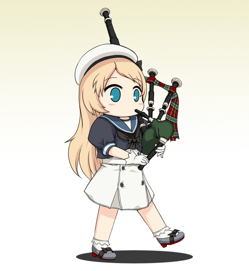 bagpipes blonde_hair blue_eyes blue_sailor_collar commentary_request dress female frilled_socks frills full_body gloves gradient_background grey_background hat highres instrument jervis_(kancolle) kantai_collection long_hair marching no_nose sailor_collar sailor_dress sailor_hat short_sleeves socks solo white_dress white_gloves white_hat yakuto007