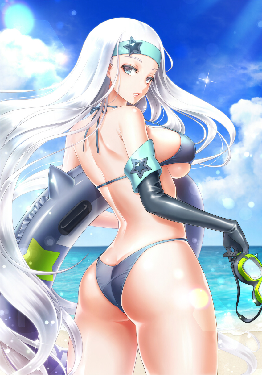 ass bare_shoulders beach bikini blue_bikini blue_eyes blue_sky breasts butt_crack cloud cloudy_sky commentary_request day destiny_child diving_mask elbow_gloves female from_behind gloves goggles headband highres holding innertube kurowana large_breasts lisa_(destiny_child) long_hair looking_at_viewer looking_back ocean outdoors parted_lips shiny_clothes shiny_skin single_elbow_glove single_glove sky solo sunlight swim_ring swimsuit thighs very_long_hair water white_hair