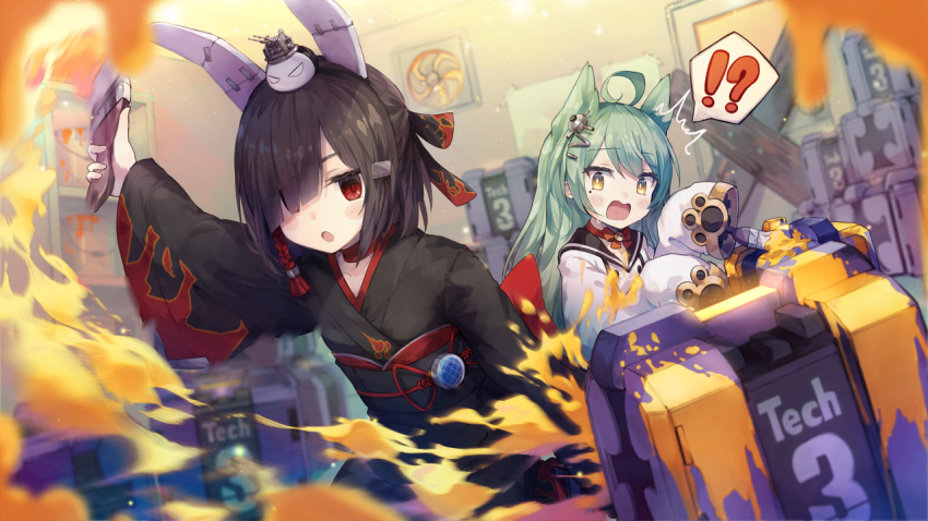 !? 2girls ^^^ akashi_(azur_lane) animal_ears azur_lane black_hair black_kimono black_sailor_collar bright_pupils cat_ears choker commentary_request crate diagonal_bangs dress empty_eyes fake_animal_ears fraud green_hair hair_over_one_eye half_updo japanese_clothes jitome kimono long_sleeves makihitsuji motion_blur multiple_girls obi obiage obijime official_art open_mouth paint paintbrush painting_(action) rabbit_ears red_choker red_eyes ribbon_choker right-over-left_kimono sailor_collar sailor_dress sash shiranui_(azur_lane) short_hair sleeves_past_fingers sleeves_past_wrists spoken_interrobang tech_box_(azur_lane) white_dress wide_sleeves yellow_eyes