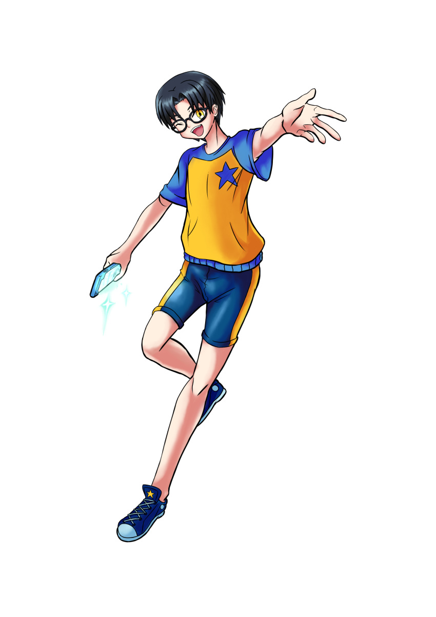 1boy absurdres bike_shorts black_hair cellphone commentary gacha_life glasses hatsya_(lunime) highres lunime male_focus open_mouth phone shininghatsya smile soccer_uniform sportswear yellow_eyes