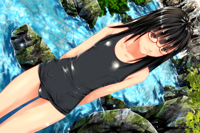 ano_hito black_hair brown_eyes glasses long_hair original school_swimsuit swimsuit water