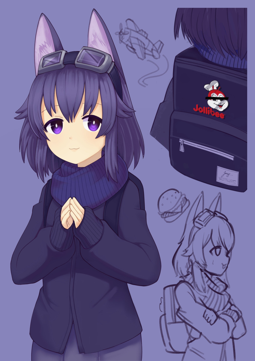 :3 absurdres aircraft airplane animal_ears backpack bag bar_censor cat_ears censored closed_mouth commentary_request female goggles goggles_on_head highres identity_censor jacy jollibee jollibee_(mascot) long_sleeves looking_at_viewer original own_hands_together purple_background purple_eyes purple_hair scarf short_hair simple_background sleeves_past_wrists smile solo sweater