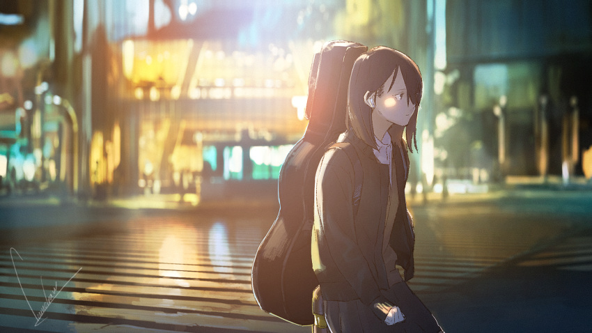 blurry brown_hair cardigan city commentary crosswalk dark depth_of_field female guitar_case highres instrument_case loundraw medium_hair night original outdoors real_world_location school_uniform shibuya_(tokyo) shibuya_scramble_crossing signature tokyo_(city) walking