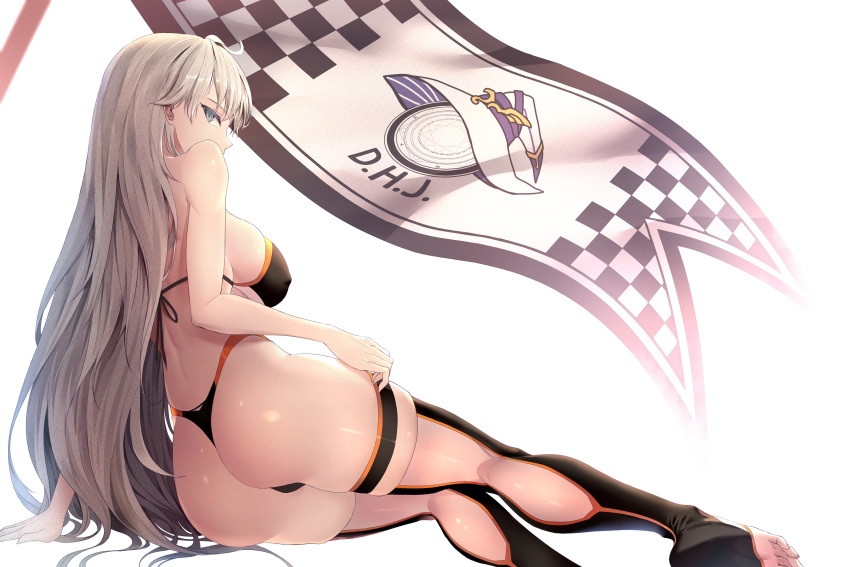 ahoge arm_support ass back bare_shoulders bikini black_bikini black_thighhighs blue_eyes blush breasts commentary commission covered_nipples english_commentary female flag from_side grey_hair highres kneepits large_breasts legs limeblock long_hair looking_at_viewer looking_back original priana profile shiny_skin sidelocks simple_background sitting skindentation solo swimsuit thighhighs thong_bikini toeless_legwear toes tsurime very_long_hair white_background