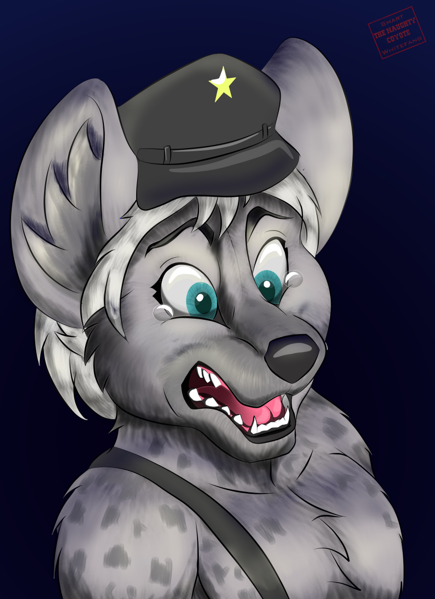 absurd_res anthro blue_background blue_eyes bodily_fluids clothing fur grey_body grey_fur grey_spots hair hat headgear headwear hi_res hyena mammal portrait scared simple_background smartwhitefang solo spots spotted_hyena tears terror white_hair