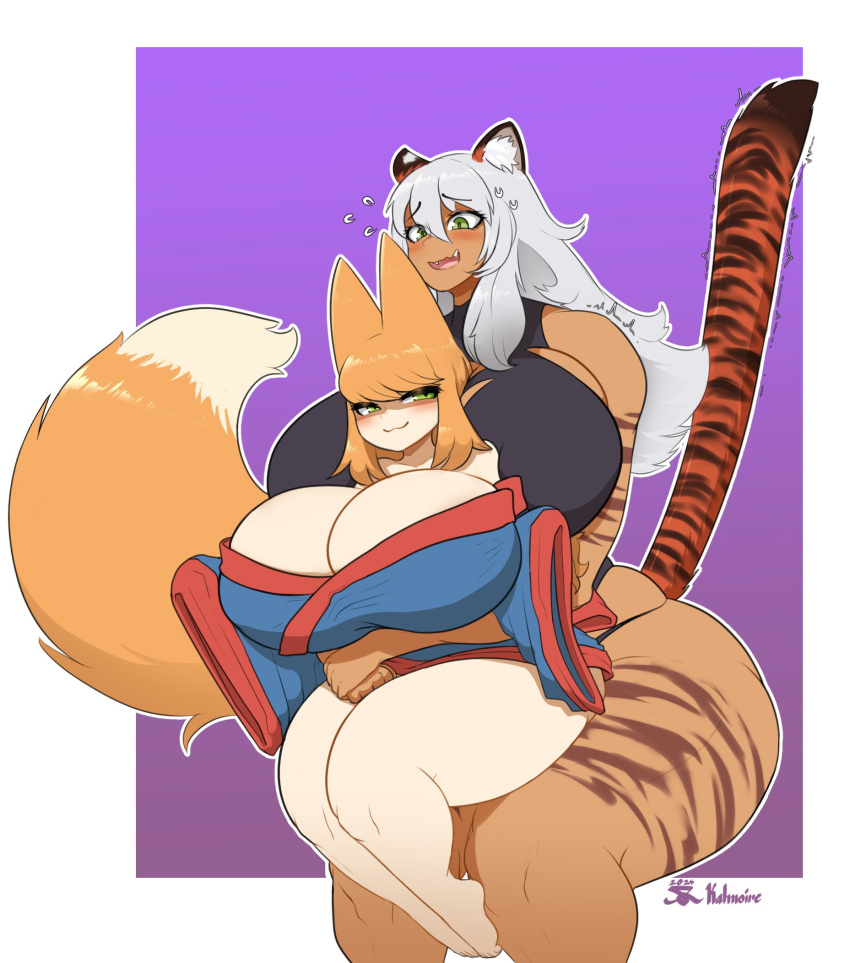 2girls bare_shoulders big_breasts big_hips big_thighs blush breasts_bigger_than_head child_bearing_hips commission cuddling curvy curvy_female curvy_figure duo duo_focus ear_tuft enormous_breasts enormous_thighs eyebrows_visible_through_hair fox_ears fox_girl fox_humanoid fox_tail gigantic_breasts gigantic_thighs green_eyes huge_breasts huge_hips huge_thighs humongous_breasts kalmoire kimono kitsune large_breasts large_hips large_thighs light-skinned_female light_skin massive_breasts massive_thighs orange_hair original_characters silver_hair skull_crushing_thighs slight_blush slim_waist smug smug_expression smug_face smug_smile tan-skinned_female tan_skin thick_thighs thin_waist thunder_thighs tiger_ears tiger_girl tiger_print tiger_stripes voluptuous voluptuous_female wide_hips