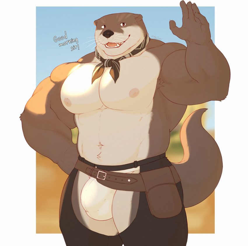 1boy animal_ears arm_up bara brown_eyes brown_neckerchief bulge chaps echo_project english_commentary english_text fangs furry furry_male hand_on_own_hip highres holster looking_at_viewer male_focus male_underwear muscular muscular_male navel neckerchief nipples open_mouth otter_boy otter_ears otter_tail pectorals sand tail the0tterr the_smoke_room todd_bronson_(the_smoke_room) topless_male underwear whiskers white_male_underwear