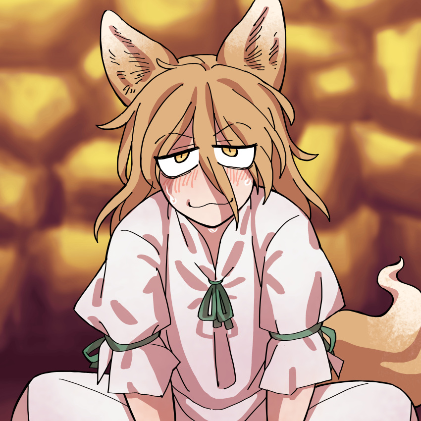 1futa animal_ears blonde_hair blush clothed clothing eddybird fox_ears fox_girl fully_clothed futa_only futanari humanoid kemonomimi kudamaki_tsukasa light-skinned_futanari light_skin long_hair solo solo_futa sweat sweating touhou yellow_eyes