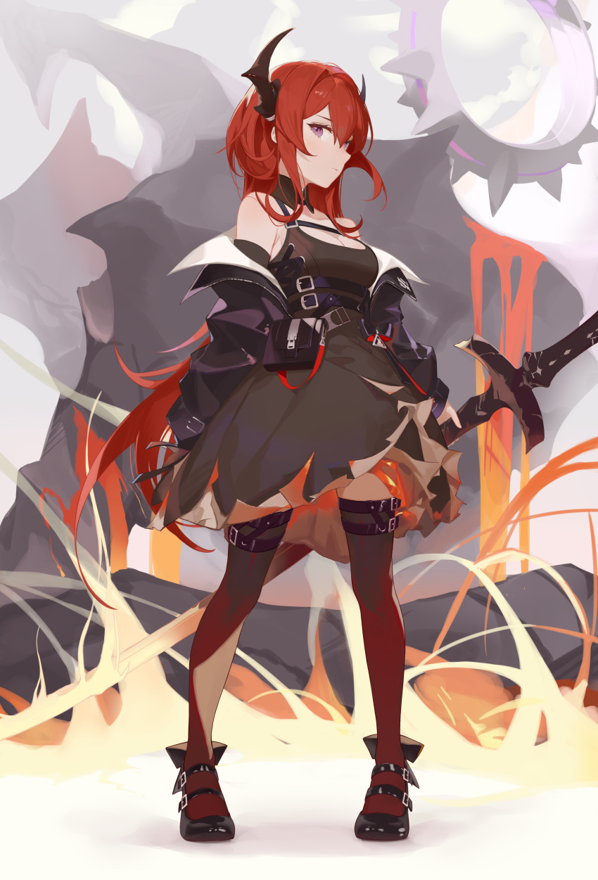 absurdres arknights bare_shoulders black_dress black_thighhighs breasts cleavage closed_mouth demon_horns dress female full_body hair_between_eyes highres holding holding_sword holding_weapon horns jacket long_hair long_sleeves looking_at_viewer purple_eyes red_hair solo surtr's_golem_(arknights) surtr_(arknights) sword thighhighs very_long_hair weapon wxyl