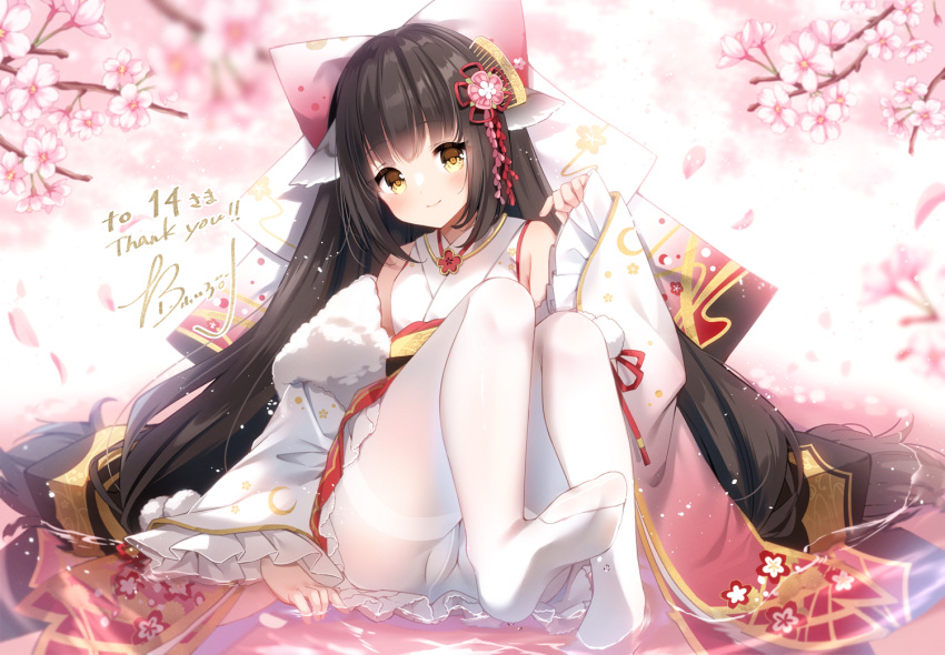 azur_lane bad_id bad_pixiv_id black_hair commentary_request commission detached_sleeves english_text female floral_print flower full_body fur-trimmed_sleeves fur_trim hair_ornament harutsuki_(a_dance_for_the_coming_spring)_(azur_lane) harutsuki_(azur_lane) irori japanese_clothes kimono long_hair long_sleeves looking_at_viewer official_alternate_costume pantyhose pink_flower second-party_source short_kimono signature sleeveless sleeveless_kimono smile solo thank_you thighband_pantyhose twintails very_long_hair wading white_pantyhose wide_sleeves yellow_eyes