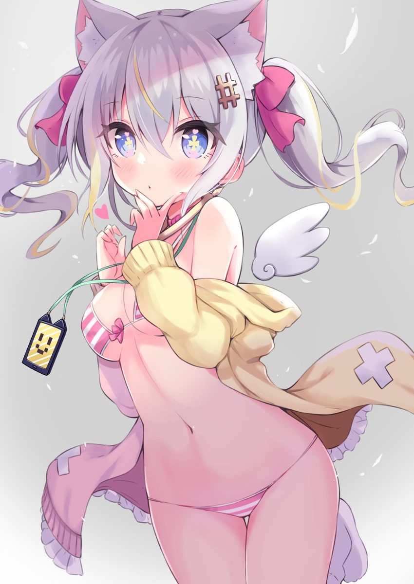 angel_wings animal_ears bikini blue_eyes breasts cat_ears female grey_hair highres hood hoodie lanyard off_shoulder oppai_loli original siragagaga solo striped_bikini striped_clothes swimsuit symbol-shaped_pupils twintails wings