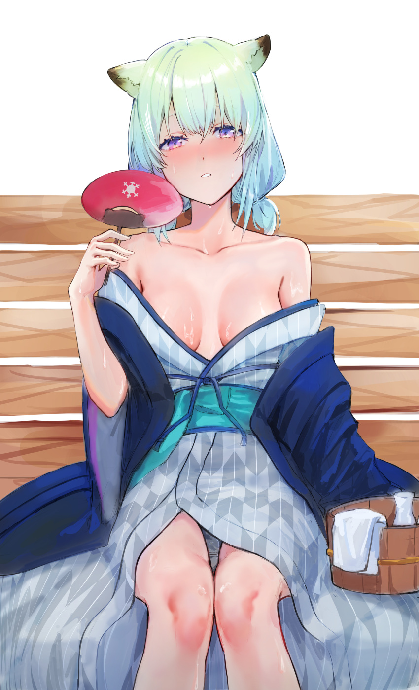 absurdres animal_ears bad_id bad_pixiv_id bare_shoulders bath_yukata blue_archive blush breasts breasts_apart bucket collarbone commentary feet_out_of_frame female green_hair hand_fan hanten_(clothes) highres holding holding_fan japanese_clothes kaze_22 kimono korean_commentary looking_at_viewer medium_breasts no_halo obi official_alternate_costume paper_fan purple_eyes sash shigure_(blue_archive) shigure_(hot_spring)_(blue_archive) short_twintails sitting solo sweat tokkuri twintails weasel_ears wooden_bucket yukata