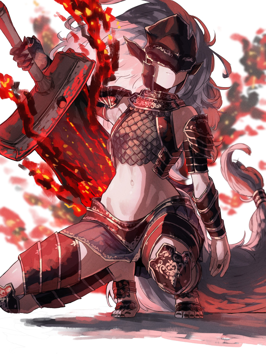 absurdres armor armpits bare_shoulders black_nails breasts chainmail commentary_request covered_eyes ekrea_jan elden_ring female fire genderswap_(mtf) grey_hair helmet helmet_over_eyes highres huge_weapon long_hair magic maliketh_the_black_blade midriff miniskirt navel personification pleated_skirt rule_63 shadow skirt small_breasts solo squatting sword tail tiptoes very_long_hair weapon white_background wide_hips