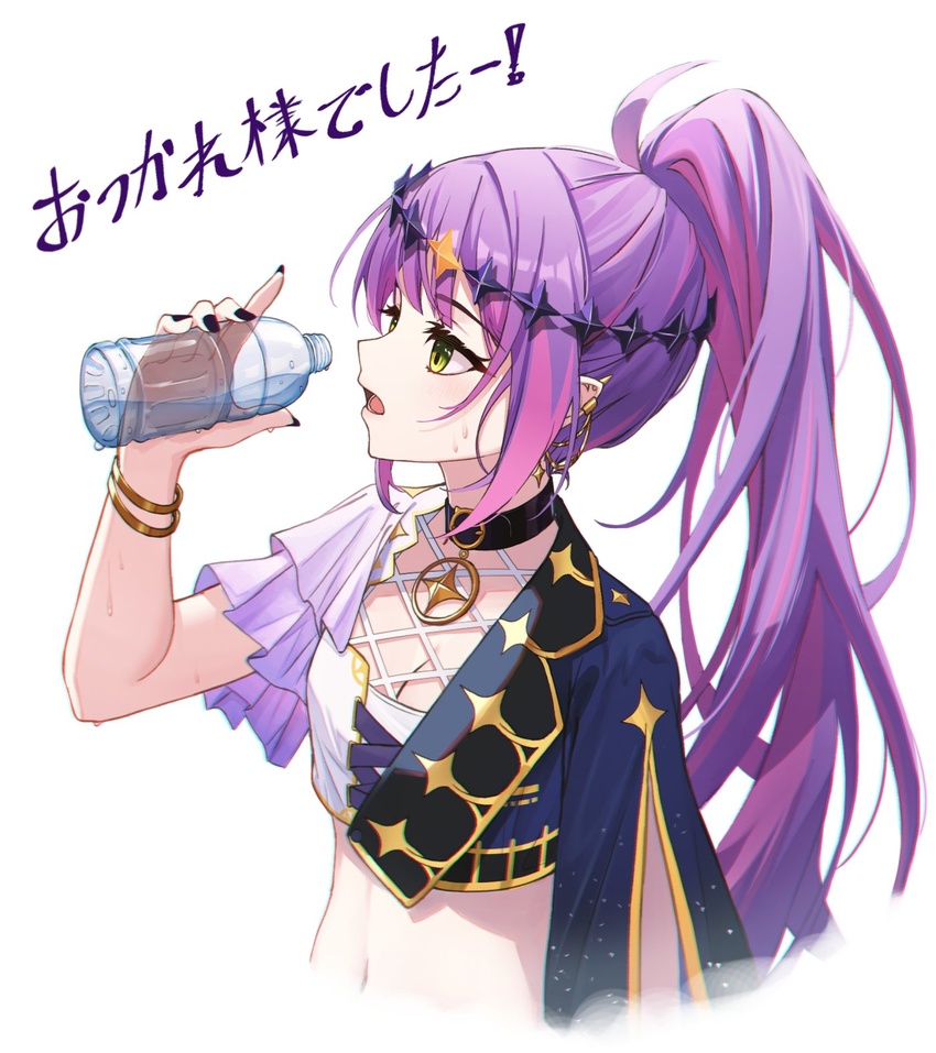 black_nails border bottle breasts cleavage cropped_arms cropped_torso fading_border female green_eyes highres holding holding_bottle hololive long_hair midriff multicolored_hair nail_polish navel official_alternate_costume open_mouth pink_hair ponytail purple_hair small_breasts star-ring streaked_hair tokoyami_towa tokoyami_towa_(break_your_xxx) virtual_youtuber water_bottle