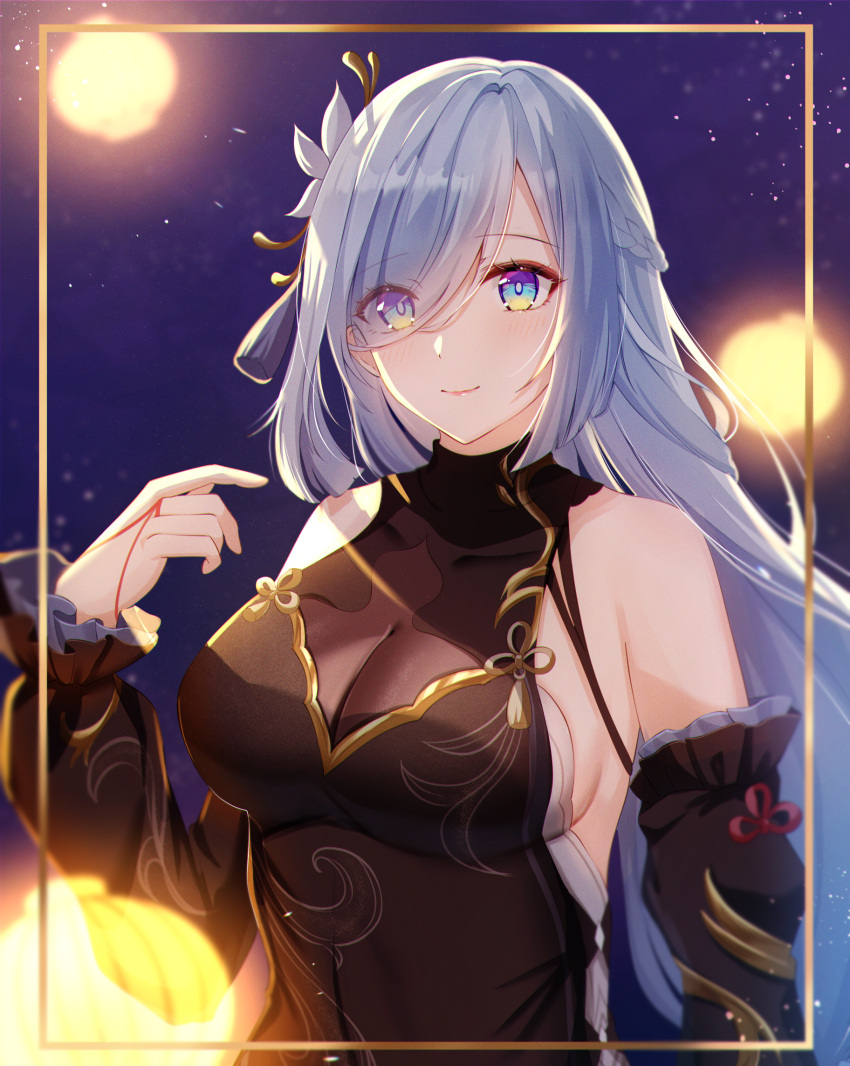 aqua_eyes bare_shoulders black_dress black_sleeves blush breasts cleavage cocoa_11vv commentary_request detached_sleeves dress eyes_visible_through_hair female finger_ribbon genshin_impact gold_border hair_ornament hair_over_one_eye highres inset_border lantern looking_at_viewer multicolored_eyes night night_sky official_alternate_costume paper_lantern purple_eyes red_ribbon ribbon see-through see-through_cleavage shenhe_(frostflower_dew)_(genshin_impact) shenhe_(genshin_impact) sideboob sky sleeveless sleeveless_dress smile solo upper_body yellow_eyes