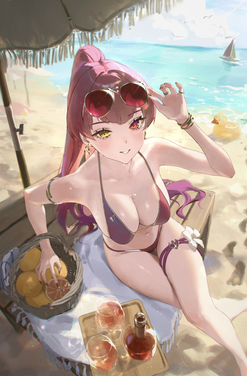 armlet basket beach bench bikini bird blue_sky bottle bracelet breasts cloud cloudy_sky cup earrings eyewear_on_head female flower food footprints fruit glint gold_bracelet gold_trim grin heart heart_earrings heterochromia highres hololive houshou_marine houshou_marine_(summer) inflatable_duck jewelry large_breasts ocean orange_(fruit) ponytail rasa_k red_bikini red_eyes red_hair ring sand sitting sky smile solo sunglasses swimsuit thigh_strap tray virtual_youtuber water white_flower yellow_eyes