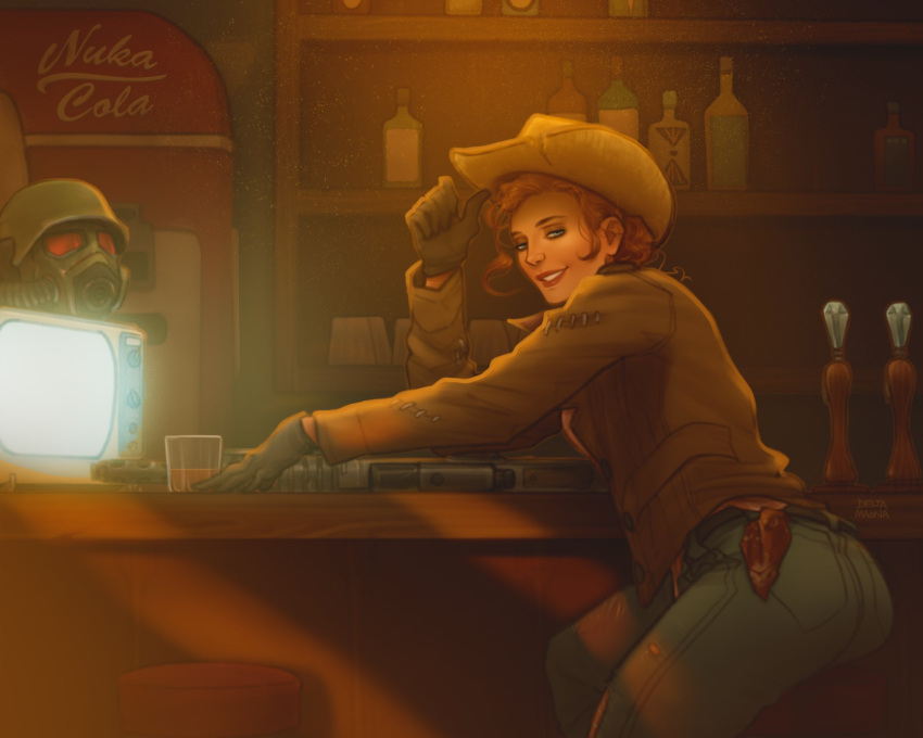 bar_(place) black_gloves commentary cowboy_hat cup deltamagna denim drinking_glass fallout:_new_vegas fallout_(series) female gloves hat highres jacket jeans looking_at_viewer looking_back ncr_veteran_ranger nuka_cola pants red_hair red_lips rose_of_sharon_cassidy smile