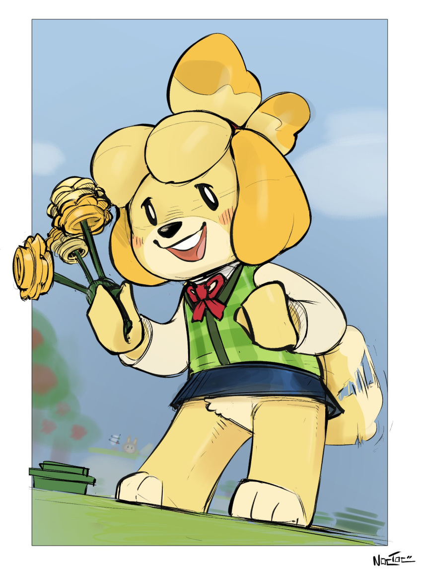 2023 afterimage animal_crossing anthro biped blush bottomwear bow_accessory bunnie_(animal_crossing) canid canine canis cardigan clothed clothing crotch_tuft digital_media_(artwork) domestic_dog featureless_crotch female flower hi_res holding_flower holding_object isabelle_(animal_crossing) lego lego_brick lego_minifigure mammal microskirt miniskirt nintendo noctoc open_mouth open_smile outside pencil_skirt plant shih_tzu skirt smile solo tail tail_motion tailwag toony_eyes toy_dog tuft upskirt