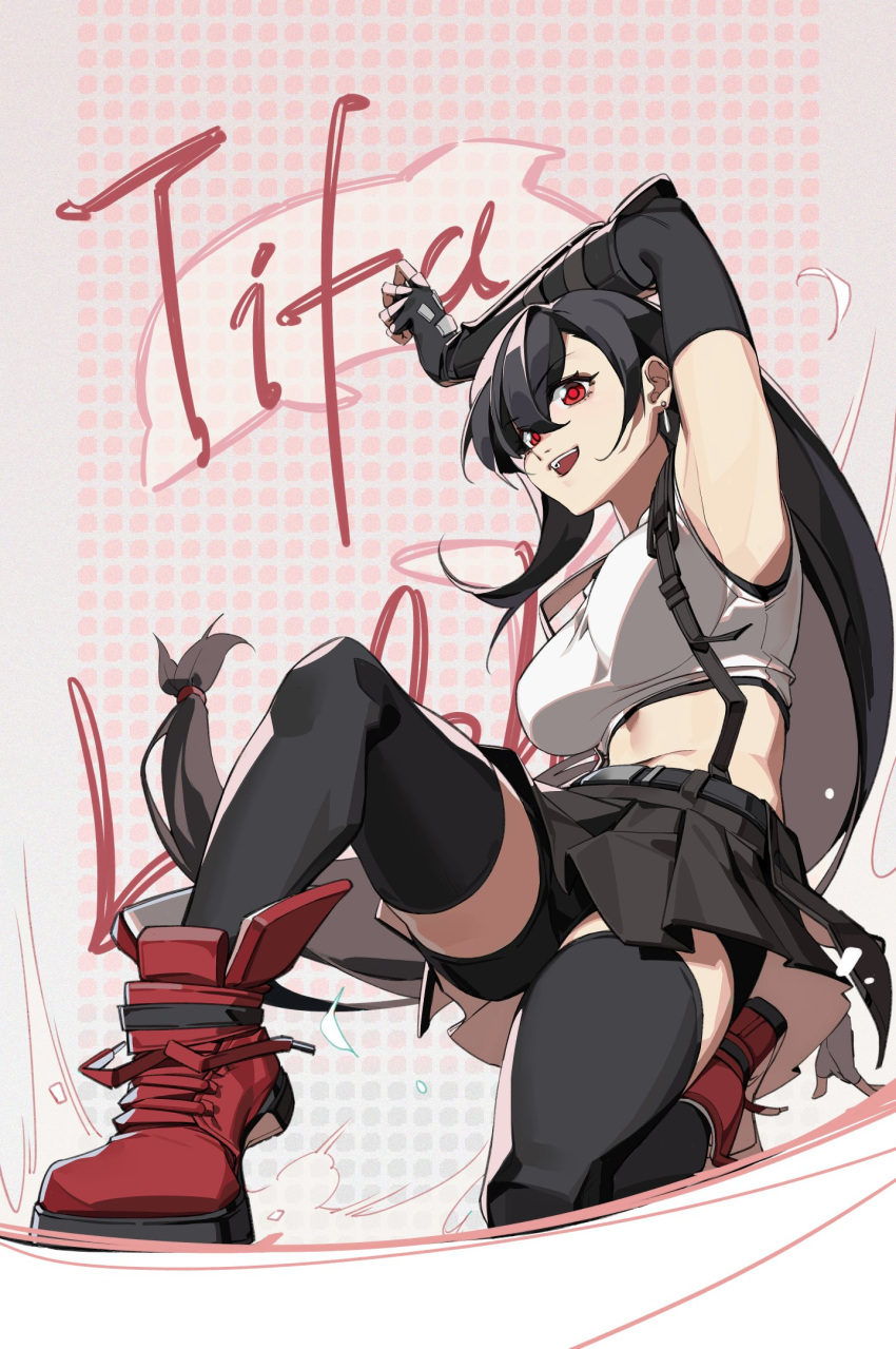 arm_up armpits asymmetrical_bangs belt bike_shorts_under_skirt black_hair black_skirt black_thighhighs boots breasts character_name commentary crop_top crow0cc dolphin earrings female final_fantasy final_fantasy_vii final_fantasy_vii_remake fingerless_gloves full_body gloves gradient_background highres jewelry large_breasts long_hair low-tied_long_hair midriff on_one_knee open_mouth patterned_background red_eyes red_footwear single_earring skirt smile solo suspender_skirt suspenders tank_top teardrop_earrings teeth thighhighs tifa_lockhart upper_teeth_only very_long_hair white_tank_top