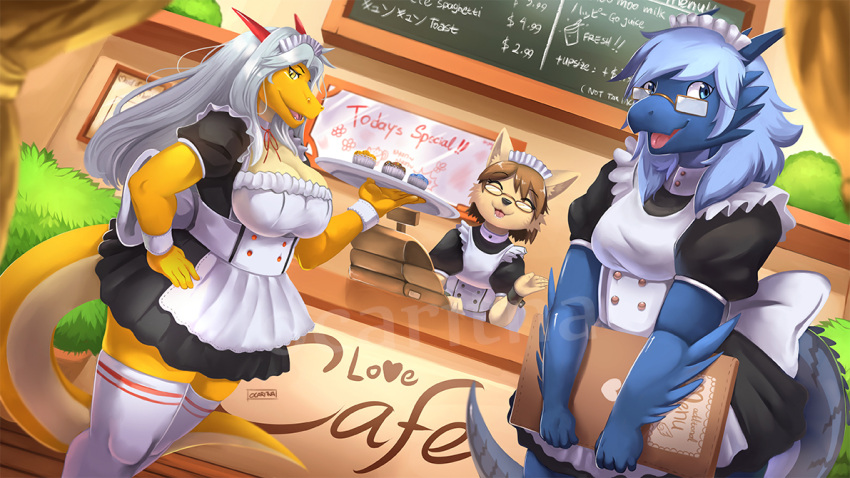 2016 airana_stormrider aisyah_zaskia_harnny anthro breasts cafe cake canid canine clothing dessert detailed_background digital_media_(artwork) dragon eyewear female food group hair horn long_hair maid_uniform mammal menu menu_board multi_horn mythological_creature mythological_scalie mythology ocaritna plant plate scalie short_hair signature sunglasses tail text trio uniform