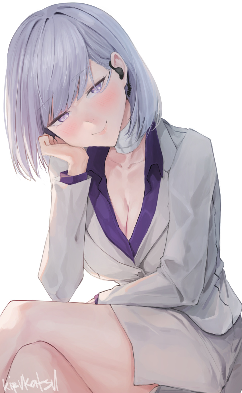 absurdres artist_name bandaged_neck bandages blush breasts business_suit cleavage closed_mouth collarbone crossed_legs defy_(girls'_frontline) earpiece feet_out_of_frame female girls'_frontline grey_hair highres jacket kirukatsu lips long_sleeves looking_at_viewer medium_breasts medium_hair official_alternate_costume official_style purple_eyes purple_shirt rpk-16_(girls'_frontline) rpk-16_(renate)_(girls'_frontline) shirt sitting skirt smile solo suit white_background white_jacket white_skirt