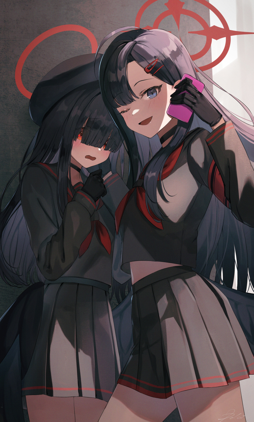 2girls ;d absurdres armband asymmetrical_bangs black_choker black_gloves black_hair black_serafuku black_wings blue_archive blunt_bangs blush cellphone choker commentary dolce_(dolsuke) feathered_wings gloves hair_over_eyes halo highres holding holding_phone ichika_(blue_archive) justice_task_force_member_(blue_archive) long_bangs long_hair long_sleeves looking_at_viewer midriff_peek multiple_girls neckerchief one_eye_closed phone pleated_skirt red_armband red_eyes red_halo red_neckerchief school_uniform serafuku skirt smile straight_hair unusually_open_eyes very_long_hair wings yuri