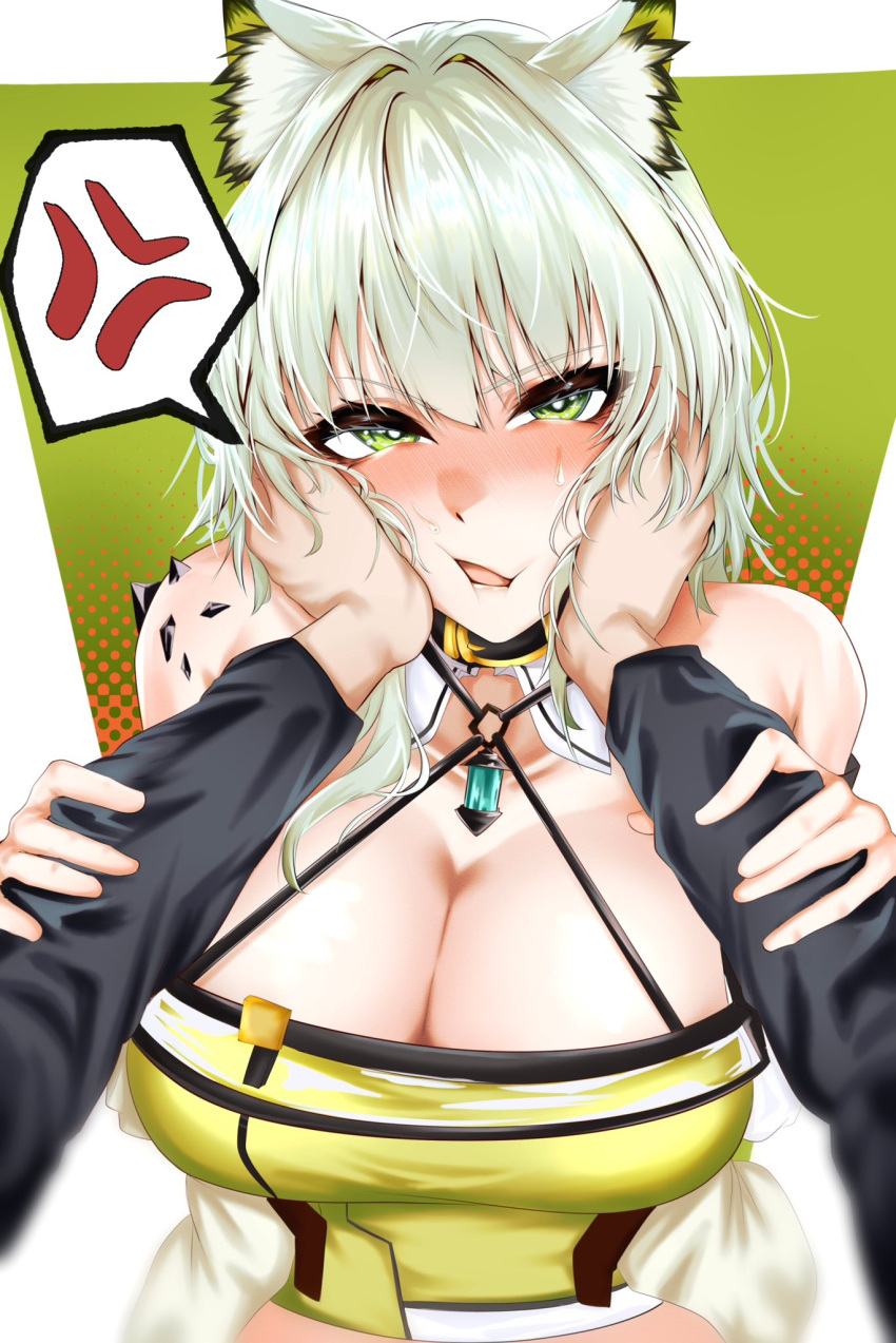 anger_vein animal_ear_fluff animal_ears arknights bare_shoulders belt_collar blush breasts cat_ears cleavage collar commentary_request criss-cross_halter dress female green_background green_dress green_eyes grey_hair halterneck highres iindoagorira kal'tsit_(arknights) large_breasts long_sleeves looking_at_viewer material_growth medium_hair off_shoulder open_mouth oripathy_lesion_(arknights) polka_dot polka_dot_background pov pov_adoring pov_hands solo_focus squeezing_cheeks upper_body white_background