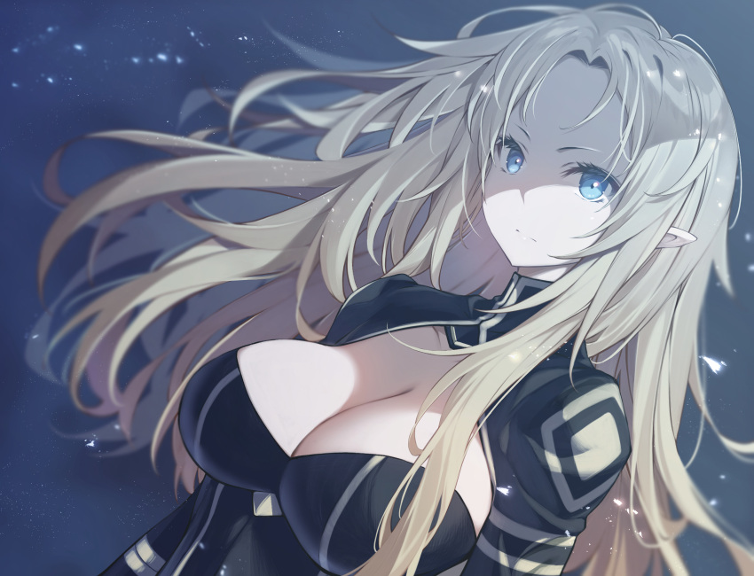 alpha_(kage_no_jitsuryokusha_ni_naritakute!) blonde_hair blue_eyes breasts cleavage closed_mouth commentary_request dutch_angle female forehead gradient_background grey_background highres kage_no_jitsuryokusha_ni_naritakute! large_breasts light_particles long_hair long_sleeves looking_at_viewer partial_commentary pointy_ears ribucci shrug_(clothing) solo strapless upper_body very_long_hair