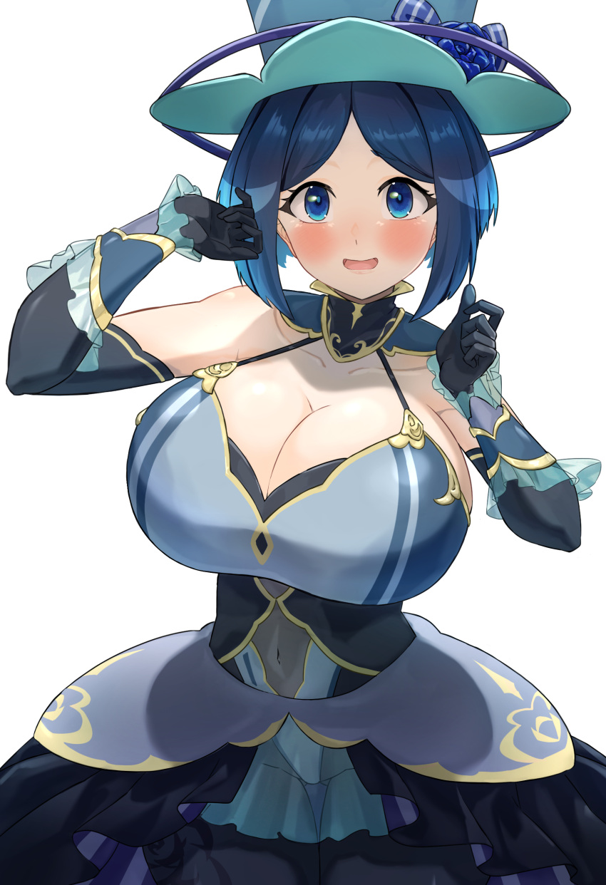 absurdres aged_up ass_visible_through_thighs bad_id bad_pixiv_id bare_shoulders black_gloves black_pantyhose blue_dress blue_eyes blue_hair blue_hat blush bodystocking breasts cleavage collarbone commentary_request covered_navel cowboy_shot dress elbow_gloves evelyn_(pokemon) female gloves hands_up hat highres hizakake huge_breasts looking_at_viewer open_mouth pantyhose parted_bangs pokemon pokemon_xy see-through short_hair showgirl_skirt sidelocks simple_background sleeveless sleeveless_dress solo standing top_hat white_background