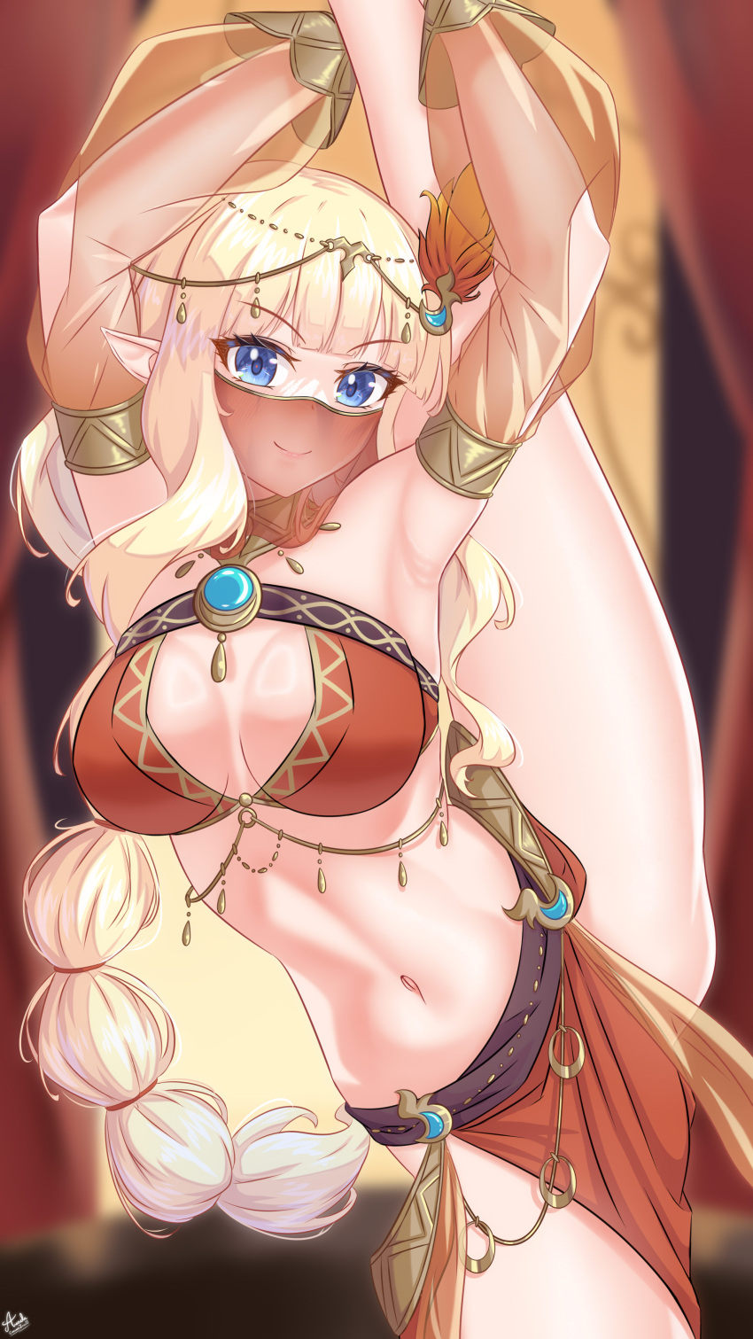 absurdres arada_(corsair_zero) armlet armpits arms_up bare_shoulders belly_chain bikini blonde_hair blue_eyes blush bracelet bracer braid braided_ponytail breasts brooch circlet cleavage dancer detached_sleeves elf female fire_hair_ornament hair_ornament highres jewelry kneepits large_breasts long_hair looking_at_viewer mouth_veil navel neck_ring o-ring official_alternate_costume orange_bikini pointy_ears princess_connect! saren_(princess_connect!) saren_(sarasaria)_(princess_connect!) sarong sidelocks smile solo split standing standing_on_one_leg standing_split swimsuit thighs variant_set veil