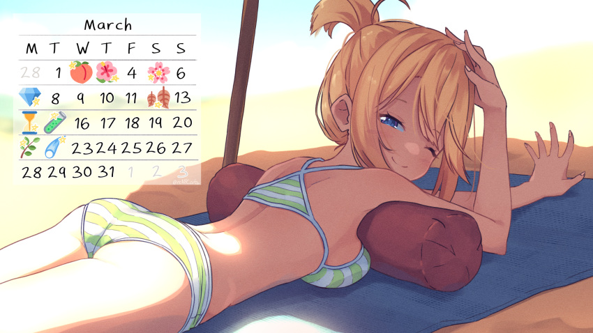 ass beach bikini blonde_hair blue_carpet blue_eyes bra breasts calendar_(medium) carpet female hair_between_eyes half-closed_eyes hand_on_own_head highres hololive hololive_english kiirokuma looking_at_viewer lying march medium_breasts medium_hair on_stomach one_eye_closed panties ponytail sand sidelocks simple_background smile striped_bikini striped_bra striped_clothes striped_panties sunlight swimsuit underwear virtual_youtuber watson_amelia