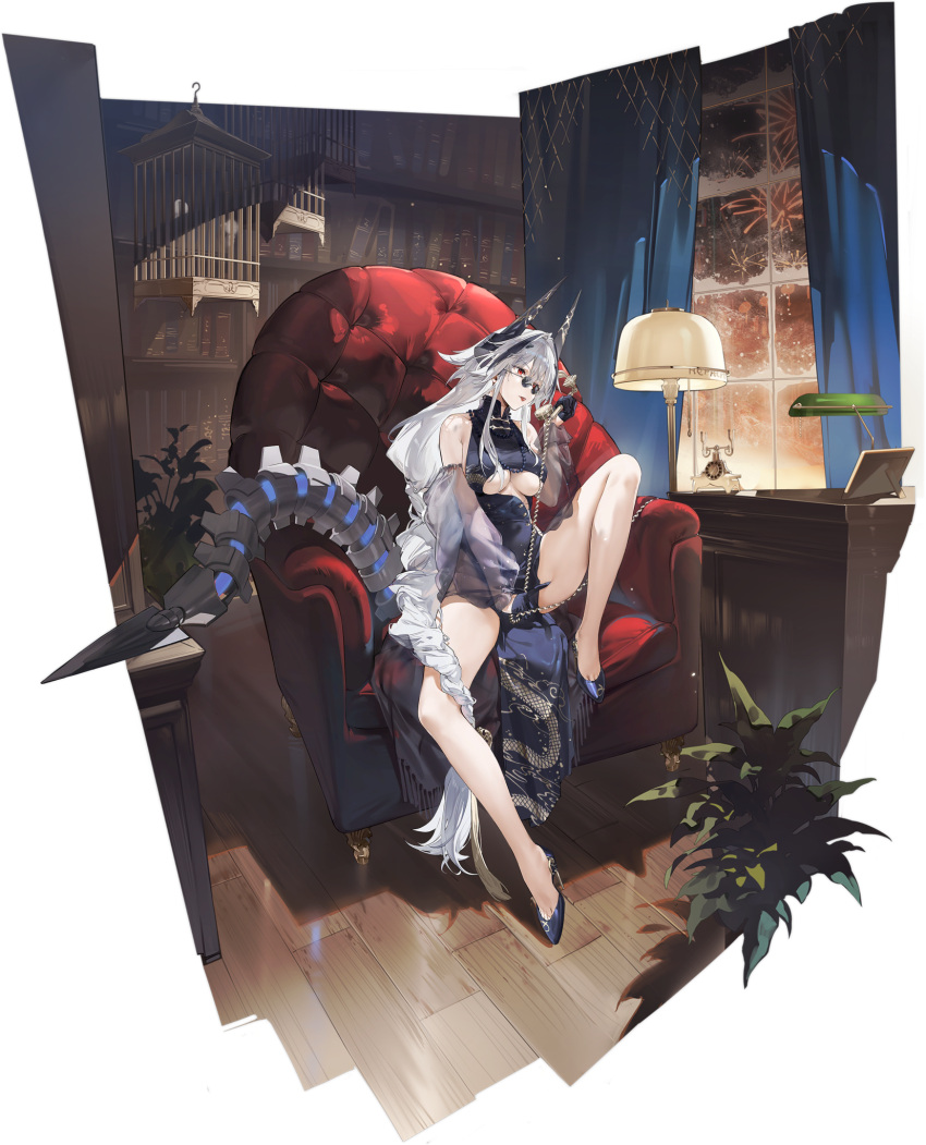 armchair azur_lane bare_legs bare_shoulders black_dress black_footwear black_gloves blue_eyes blue_footwear book bookshelf braid braided_ponytail breasts chair china_dress chinese_clothes clothing_cutout couch cup curtains desk_lamp detached_sleeves dragon_horns dress drinking_glass earrings female flower full_body gloves grey_hair hair_between_eyes hair_ornament hat high_heels highres holding holding_cup holding_phone horns indoors jewelry knee_up kursk_(azur_lane) kursk_(beauty_and_the_hunter)_(azur_lane) kurumi_(recycllamo) lamp lantern large_breasts legs long_hair long_sleeves looking_at_viewer mechanical_tail night official_alternate_costume official_art on_couch parted_lips pelvic_curtain phone plant potted_plant red_eyes round_eyewear see-through see-through_sleeves shoes single_braid sitting sleeveless smile solo spread_legs tail thighs toe_cleavage underboob underboob_cutout very_long_hair white_hair window wooden_floor