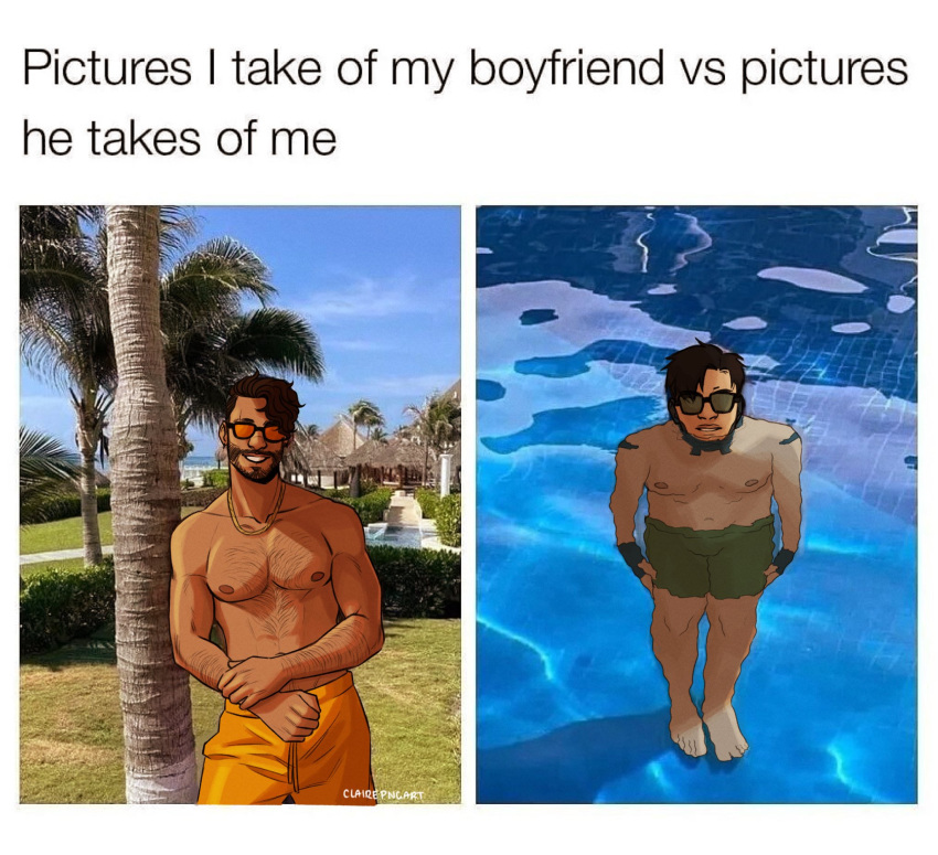 2boys abs apex_legends arms_at_sides bara beard clairepngart crypto_(apex_legends) dark-skinned_male dark_skin facial_hair feet_out_of_frame green_male_swimwear highres implied_yaoi looking_at_viewer male_focus male_swimwear mature_male meme mirage_(apex_legends) moustache multiple_boys muscular muscular_male navel navel_hair nipples orange_male_swimwear partially_submerged pectorals photo_background pics_i_take_of_my_boyfriend_vs_pics_he_takes_of_me_(meme) short_hair standing stomach sunglasses swim_trunks thick_eyebrows topless_male water