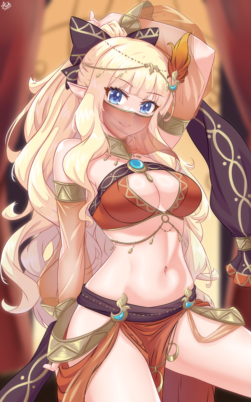 absurdres arada_(corsair_zero) arm_behind_head arm_up armlet bare_shoulders belly_chain bikini blonde_hair blue_eyes blush bracelet bracer breasts brooch circlet cleavage dancer detached_sleeves elf female fire_hair_ornament hair_ornament highres jewelry large_breasts long_hair looking_at_viewer navel neck_ring o-ring official_alternate_costume orange_bikini pointy_ears ponytail princess_connect! saren_(princess_connect!) saren_(sarasaria)_(princess_connect!) sarong sidelocks smile solo swimsuit thighs variant_set veil