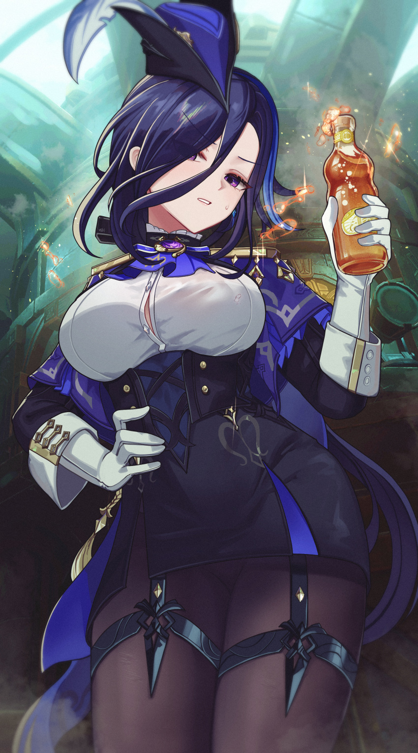 absurdres black_pantyhose blue_hair blue_hat bottle breasts button_gap clorinde_(genshin_impact) commentary corset cowboy_shot english_commentary female garter_straps gem genshin_impact gloves gmg hair_between_eyes hair_over_one_eye hand_on_own_hip hand_up hat hat_feather highres holding holding_bottle indoors large_breasts light_blue_hair long_hair looking_at_viewer miniskirt pantyhose parted_lips pencil_skirt popped_button purple_eyes purple_gemstone purple_hair shirt skirt solo sweatdrop teeth thighs tricorne two-tone_dress very_long_hair white_gloves white_shirt