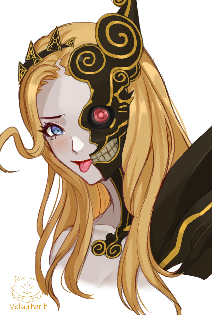 :p absurdres black_skin blonde_hair blue_eyes clenched_teeth colored_skin commentary eyelashes female gold_trim highres long_hair looking_at_viewer naamah_(megami_tensei) red_eyes shin_megami_tensei shin_megami_tensei_v shin_megami_tensei_v:_vengeance simple_background solo teeth tongue tongue_out velantart white_background white_skin