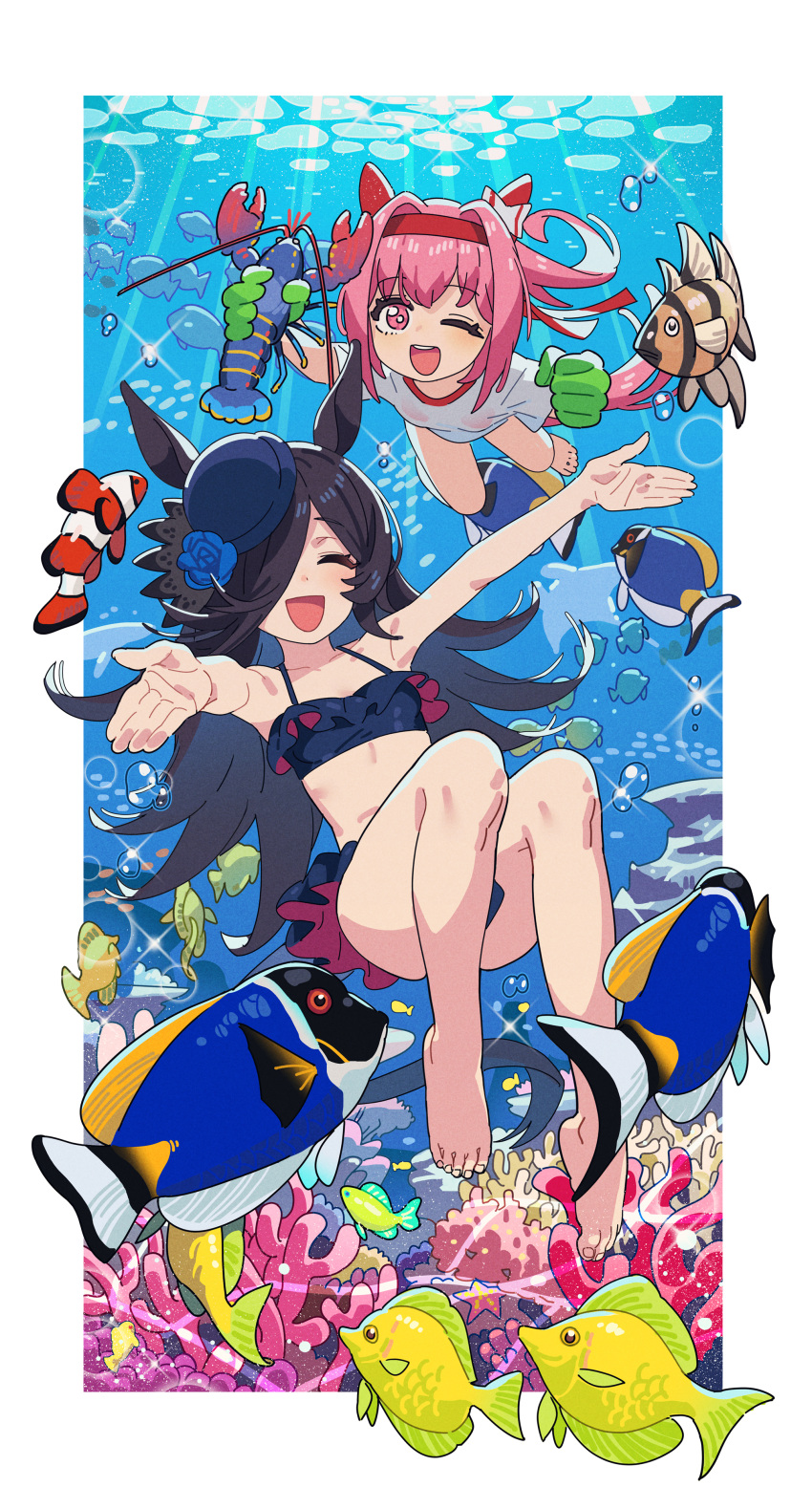 2girls ;d absurdres animal animal_ears bare_arms bare_legs bare_shoulders barefoot bikini black_bikini black_hat brown_hair closed_eyes fish hair_over_one_eye haru_urara_(umamusume) hat highres horse_ears horse_girl horse_tail long_hair multiple_girls one_eye_closed open_mouth pink_eyes pink_hair rice_shower_(umamusume) sarcophage shirt short_sleeves smile swimsuit tail tilted_headwear umamusume white_shirt