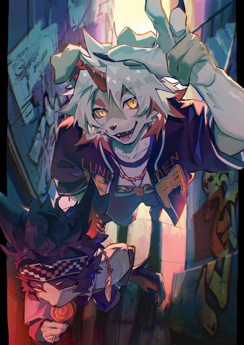 2boys aak_(arknights) animal_ears arknights black_claws candy claws colored_tips ear_piercing fangs food furry furry_male graffiti headband highres holding holding_candy holding_food holding_lollipop horns hung_(arknights) jacket jewelry komainu_boy komainu_ears komainu_tail lollipop looking_at_viewer male_focus multicolored_hair multiple_boys mythological_creature necklace open_mouth piercing poster_(object) single_horn streaked_hair tail v xiao_(creation0528)