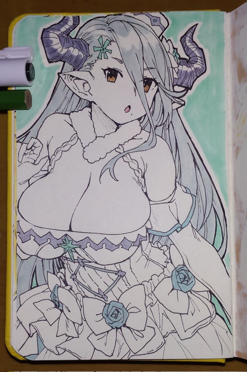 bow breasts cleavage clothing_cutout draph female flower granblue_fantasy hair_flower hair_ornament highres horns houtengeki izmir large_breasts marker_(medium) mole mole_under_mouth pointy_ears snowflake_hair_ornament solo traditional_media underboob underboob_cutout