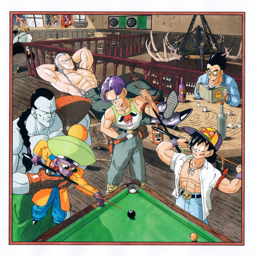 6+boys absurdres android_13 android_14 android_15 arms_behind_head ball bandaid bandaid_on_face bar_(place) billiard_ball billiards black_eyes black_hair bottle bowl_cut braid brown_gloves clenched_teeth colored_skin cue_stick dragon_ball dragon_ball_z earrings english_commentary feet_on_table frown glasses gloves grey_skin hair_slicked_back hat highres holster jewelry lifting_person looking_at_another male_focus messy_hair multiple_boys muscular muscular_male one_eye_closed open_clothes open_mouth open_shirt pointy_hair purple_hair purple_skin reading reclining red_ribbon_army shoulder_pads silverwoodwork single_braid sitting son_gohan son_goten sunglasses suspenders tank_top teeth topless_male trunks_(dragon_ball) white_hair yellow_eyes