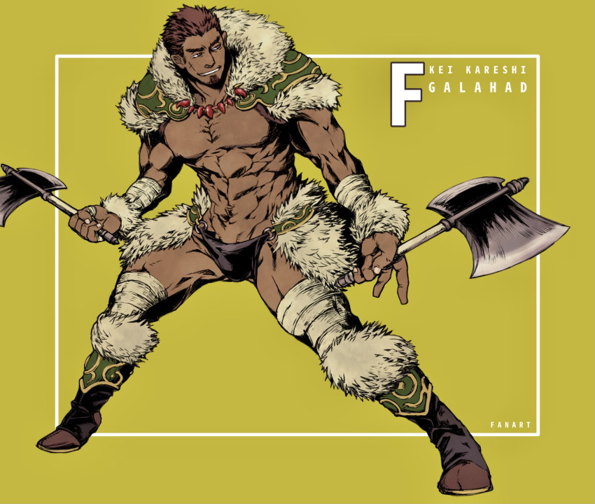 1boy axe bandaged_arm bandaged_leg bandages bara bare_pectorals black_male_underwear boots brown_hair capelet character_name copyright_name cross_scar dual_wielding english_text facial_hair fighting_stance full_body fur-trimmed_capelet fur_trim galahad_(f-kare) goatee green_background grin holding holding_axe inset_border male_focus male_underwear muscular muscular_male pectorals romaji_text scar scar_on_cheek scar_on_face short_hair shoukan_yuusha_to_f-kei_kareshi simple_background smile solo thick_eyebrows underwear yoshiyuki_(nein69yoshiyuki)