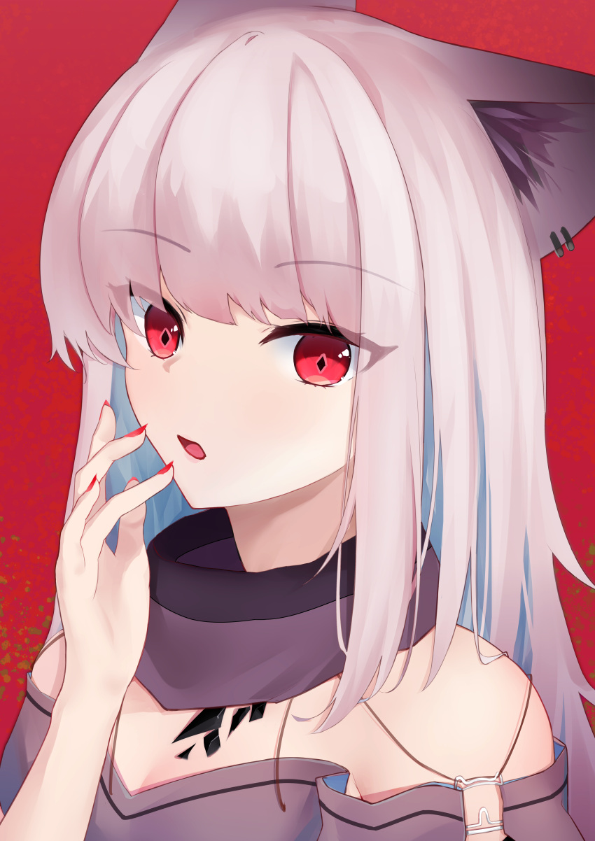 absurdres animal_ear_fluff animal_ears arknights bad_hands bare_shoulders commentary_request female frostleaf_(arknights) grey_hair grey_shirt hand_up highres kotoha_(kotoha65) long_hair looking_at_viewer nail_polish off-shoulder_shirt off_shoulder red_background red_eyes red_nails shirt simple_background solo upper_body