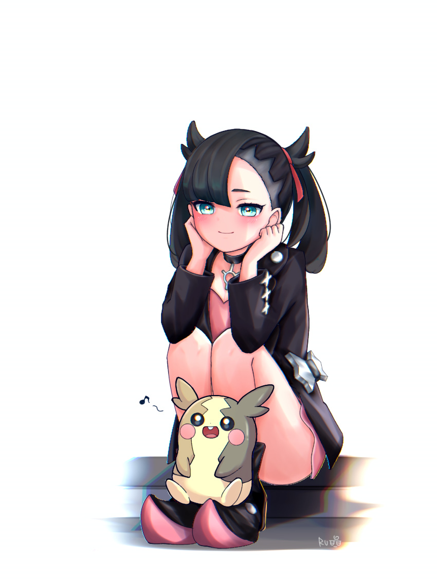 asymmetrical_bangs bare_legs black_choker black_hair black_jacket boots choker closed_mouth dress elbow_rest female full_body green_eyes hair_ribbon hands_up head_rest highres jacket marnie_(pokemon) morpeko morpeko_(full) musical_note pink_dress pokemon pokemon_(creature) pokemon_swsh ribbon sitting smile spoken_musical_note thighs twintails undercut unima_ruru