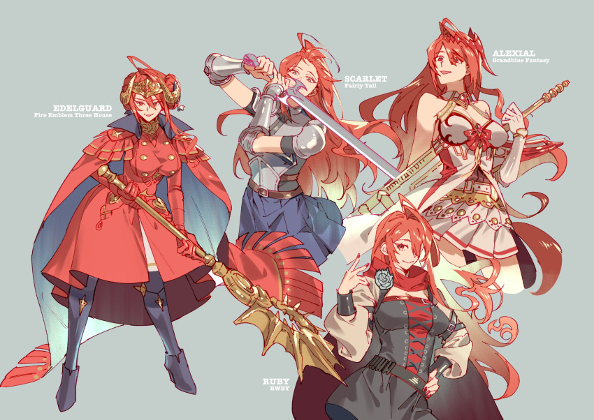 ahoge breasts cape cleavage closed_mouth cosplay edelgard_von_hresvelg edelgard_von_hresvelg_(cosplay) elizabeth_rose_bloodflame erza_scarlet female fire_emblem fire_emblem:_three_houses gloves godsworn_alexiel granblue_fantasy hair_ornament highres hololive hololive_english huge_ahoge long_hair looking_at_viewer lynnear multiple_views open_mouth red_cape red_eyes red_hair ruby_rose rwby simple_background skirt smile sword very_long_hair virtual_youtuber weapon