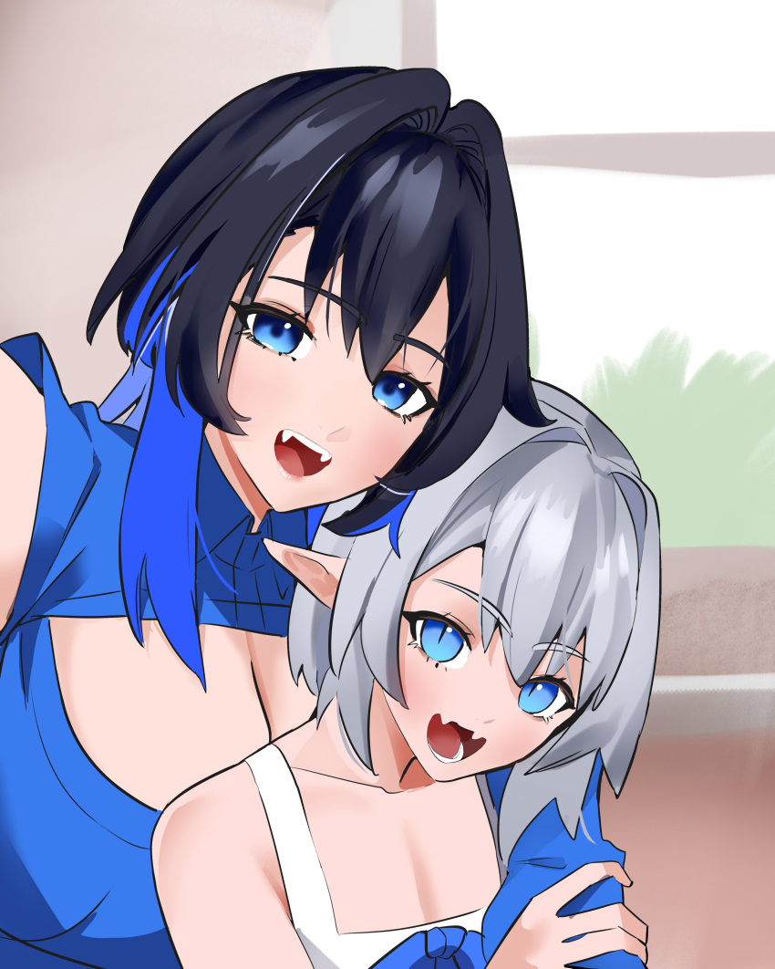 1boy :d absurdres black_hair blue_eyes blue_hair boros_(ouro_kronii) breasts cleavage cleavage_cutout clothing_cutout collarbone commentary english_commentary fangs female grey_hair hair_between_eyes hair_intakes highres hololive hololive_english indoors koizumi_arata large_breasts long_hair long_pointy_ears looking_at_viewer multicolored_hair open_mouth otoko_no_ko ouro_kronii personification pointy_ears reaching reaching_towards_viewer selfie slit_pupils smile two-tone_hair virtual_youtuber window