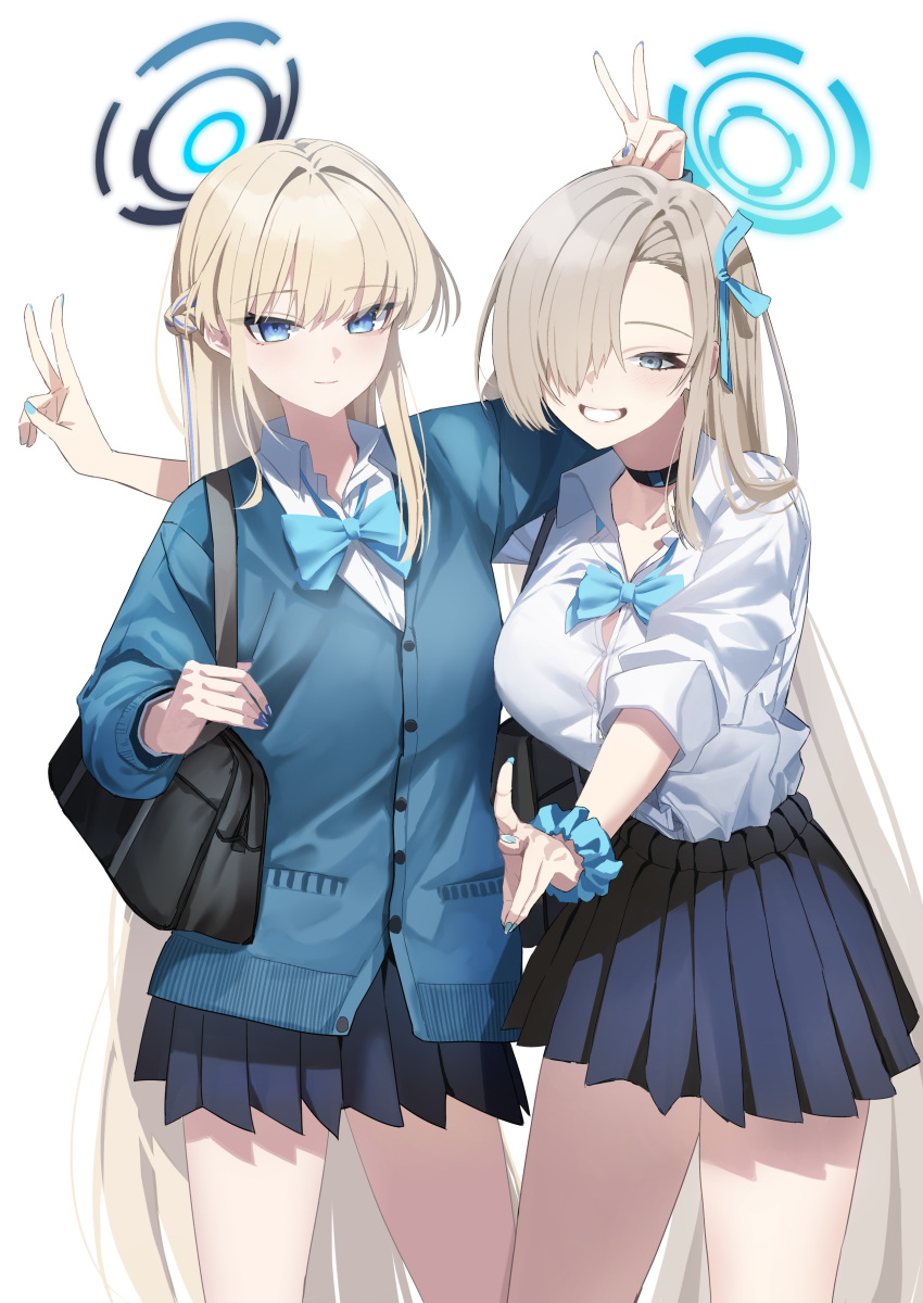 2girls absurdres aqua_bow aqua_bowtie asuna_(blue_archive) asymmetrical_bangs bag black_choker blonde_hair blue_archive blue_cardigan blue_halo blue_skirt blush bow bowtie braid breasts button_gap cardigan choker fingernails gyaru hair_intakes hair_over_one_eye halo highres kamiyama_sumu kogal large_breasts light_brown_hair long_bangs long_hair looking_at_viewer multiple_girls nail_polish one_eye_covered pleated_skirt school_bag school_uniform scrunchie shirt simple_background skirt skirt_rolled_up smile toki_(blue_archive) v very_long_hair white_background white_shirt wrist_scrunchie