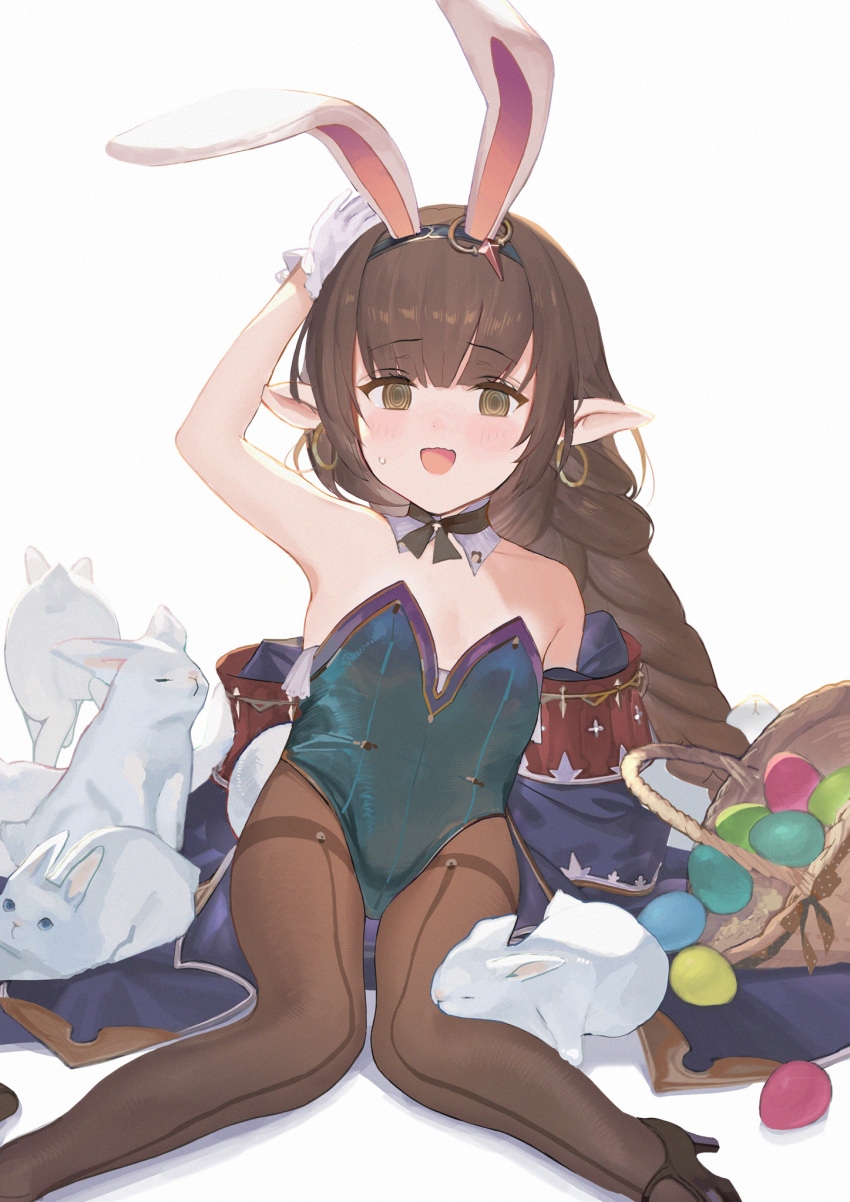 @_@ bare_shoulders basket blush braid brown_eyes brown_hair egg evoker female flat_chest granblue_fantasy haaselia harvin highres jacket long_hair looking_at_viewer mizopost off_shoulder open_mouth pantyhose playboy_bunny rabbit single_braid sitting smile solo thighband_pantyhose warrior_of_light_(ff14)