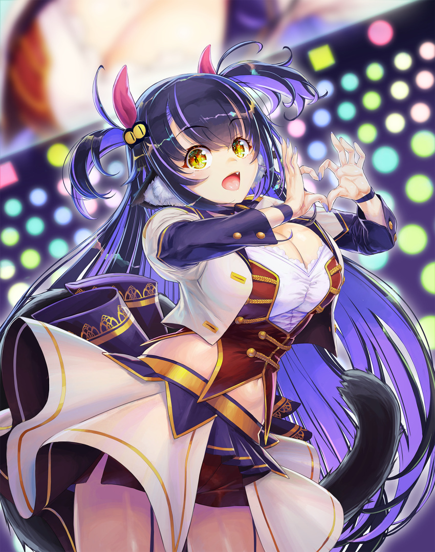 animal_ear_fluff animal_ears blurry blurry_background breasts cat_ears cat_girl cat_tail choker cleavage commission concert cowboy_shot cropped_jacket female garter_straps half-skirt hands_up heart heart_hands highres indie_virtual_youtuber jacket kiyama_satoshi kuroike_momimi large_breasts long_hair long_sleeves looking_at_viewer mole mole_on_breast navel oerba_yun_fang open_clothes open_jacket open_mouth purple_hair red_shorts red_vest shirt short_shorts shorts skeb_commission skirt smile stage stage_lights starting_future_(umamusume) tail two_side_up umamusume vest virtual_youtuber white_jacket white_shirt white_skirt wristband yellow_eyes